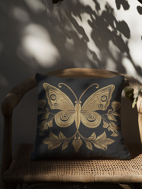 A black woven throw pillow featuring an embroidered gold Hamsa hand surrounded by intricate floral and botanical designs.